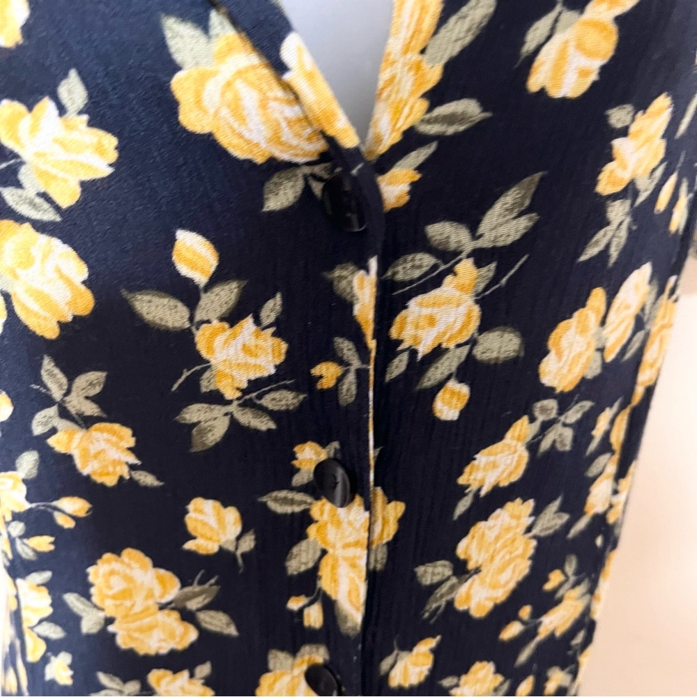 Vintage Fashion Bug 16 Maxi Shirt Dress Collar Button Navy Yellow Floral Women - Picture 5 of 12